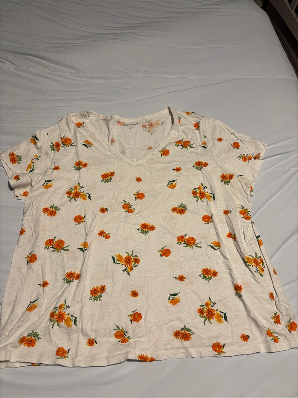 Old Navy White V-Neck Tee with Orange Floral Print